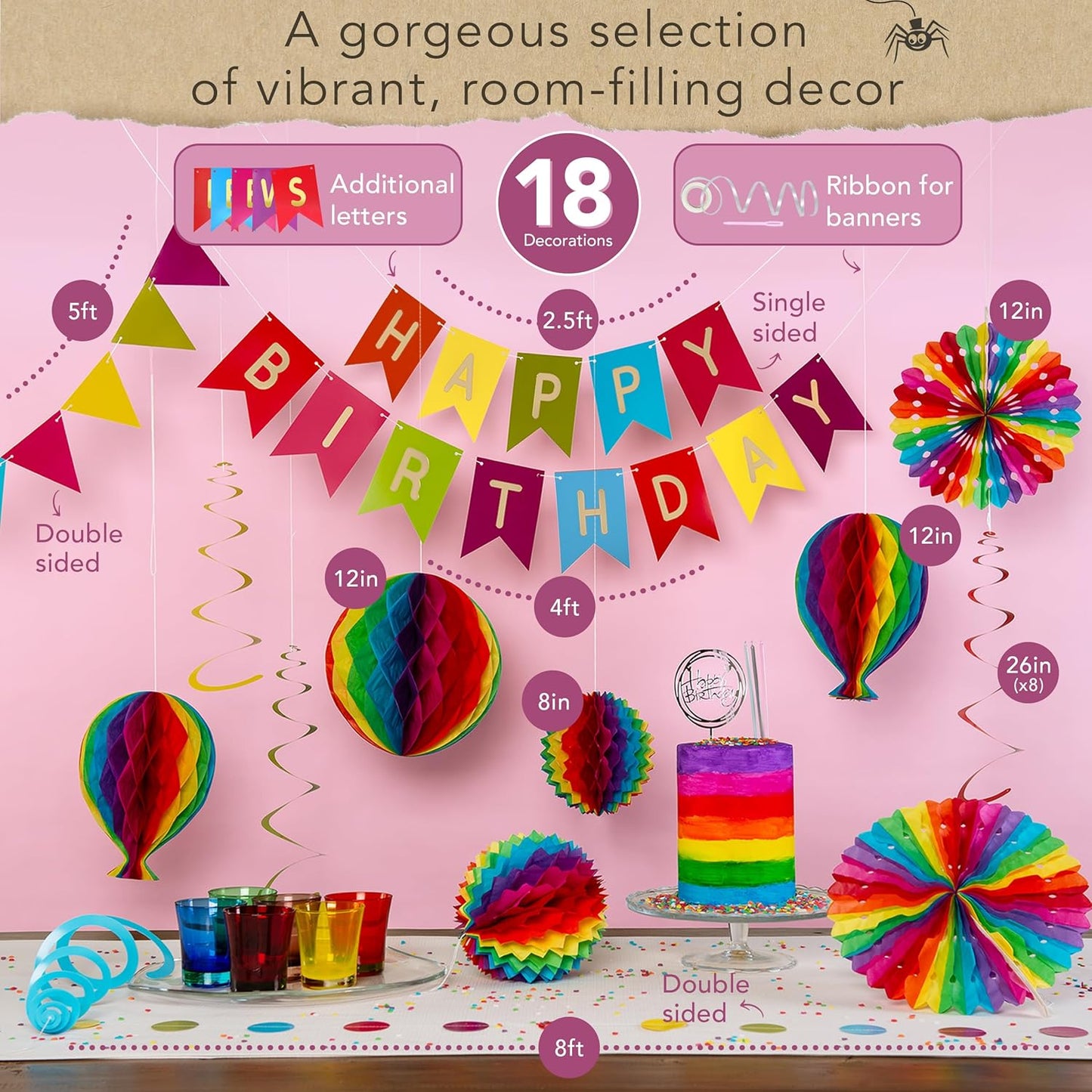 Premium Reusable Happy Birthday Decorations - Colorful Rainbow Birthday Decorations for Kids, Women, and Men - Multi-occasion Banner, Pennant Banner, Paper Fans - Party Decor by Itsy Bitsy Party Co