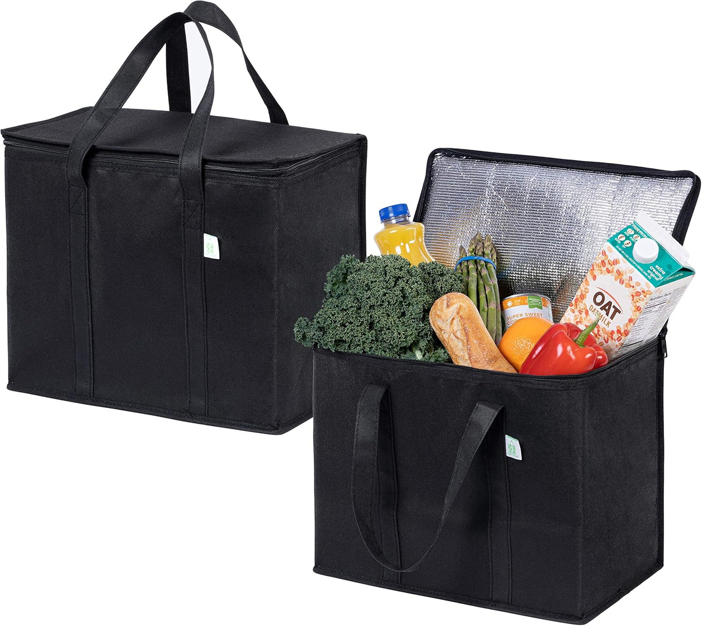 VENO 2 Pack Cooler Bags - Insulated for Food Delivery, Collapsible and Reusable Shopping Bags with Zipper, Foldable, Heavy-Duty, Stands Upright - Ideal for Groceries (Black, 2 Pack)