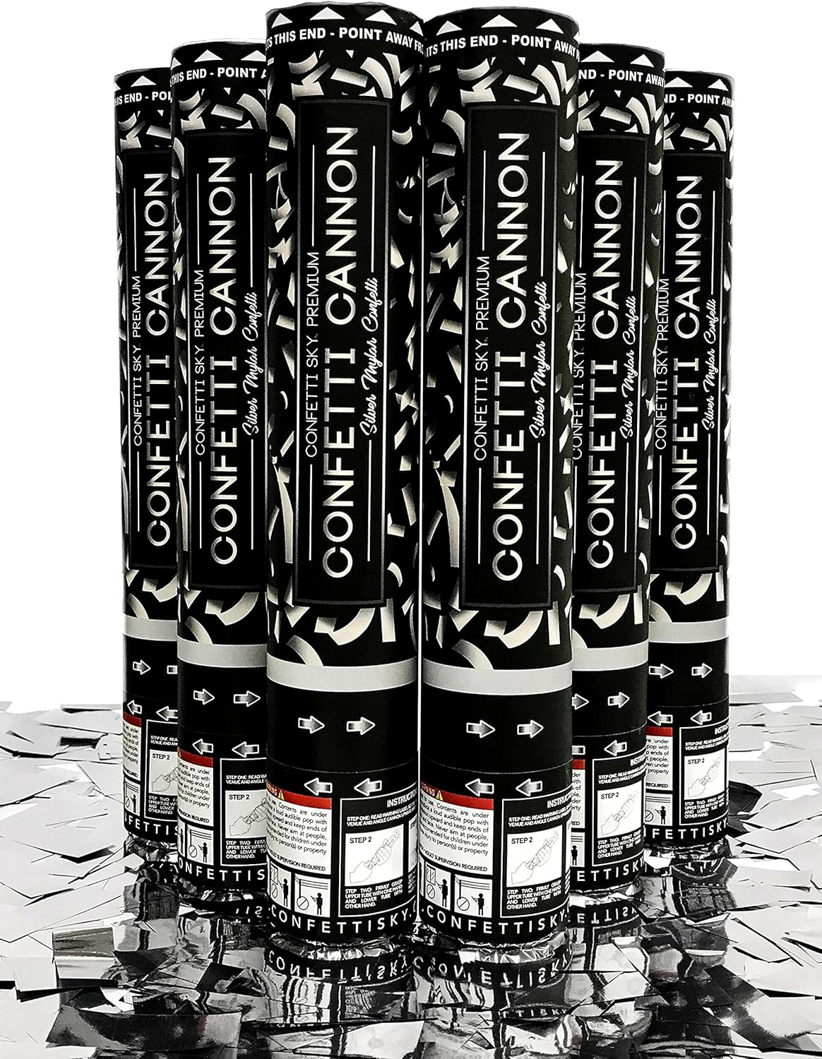 Confetti Sky [6 Pack] 12 Inch Confetti Cannons | Silver Confetti Poppers for Wedding Celebration, Birthday Party, Pranks, Graduation, Christmas Eve and New Year Celebration