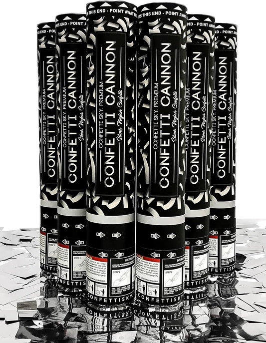 Confetti Sky [6 Pack] 12 Inch Confetti Cannons | Silver Confetti Poppers for Wedding Celebration, Birthday Party, Pranks, Graduation, Christmas Eve and New Year Celebration