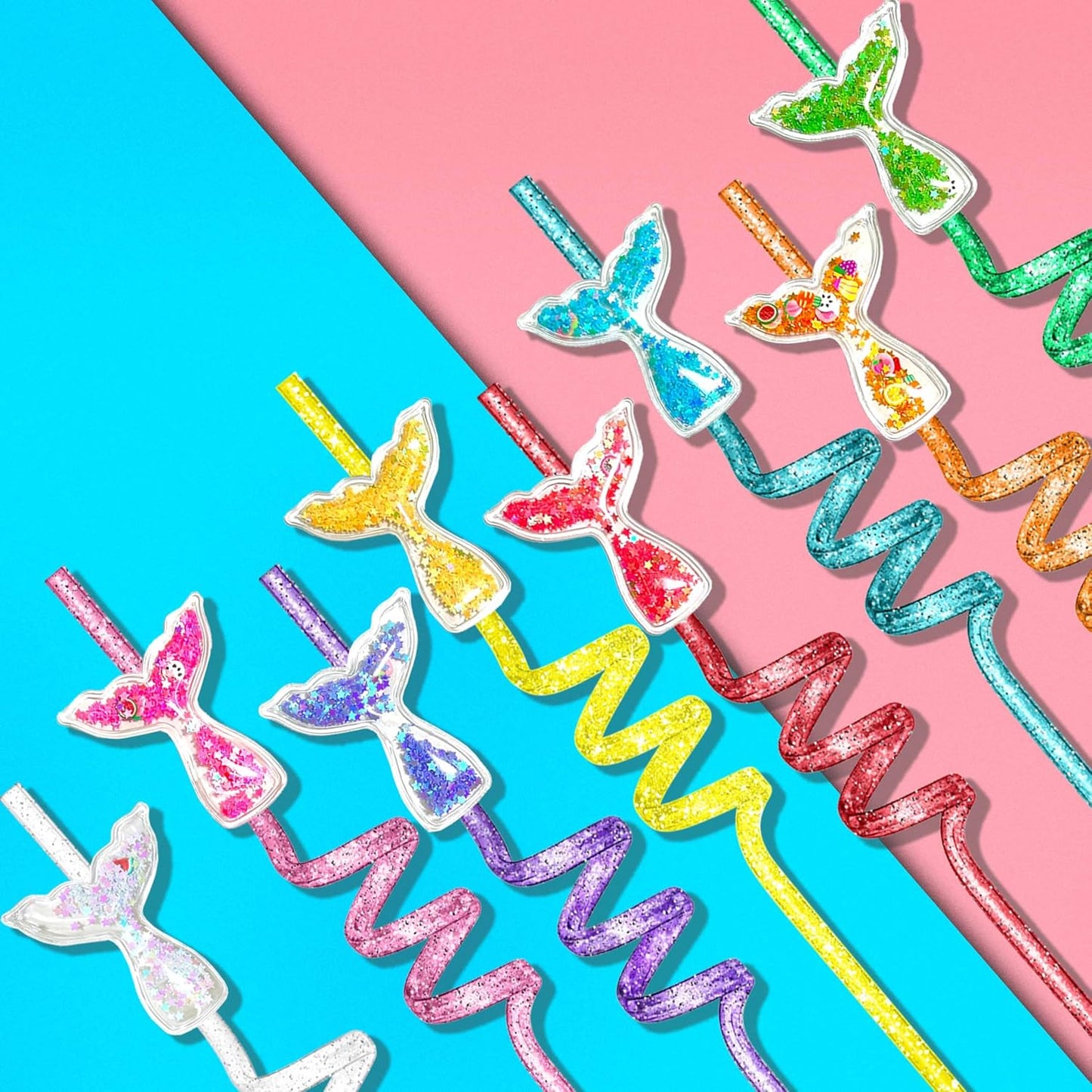 TUWUNA 24pcs Mermaid Party Favors Glitter Mermaid Tail Straws Glitter Drinking Straws Goodie Gifts for Birthday Party Supplies Decorations with 2 Clean Brushes