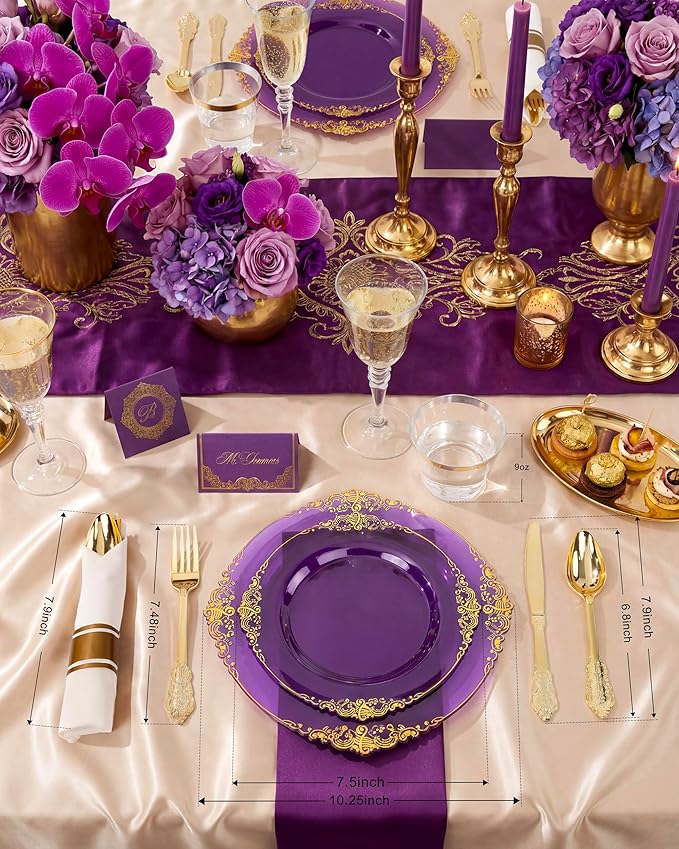 Nervure 350PCS Purple Plastic Plates - Disposable Purple Gold Party Plates & Pre Rolled Napkins with Cutlery for 50 Guests, 100Plates, 150 Silverware, 50 Cups, 50 Napkin for Wedding & Party & Bridal