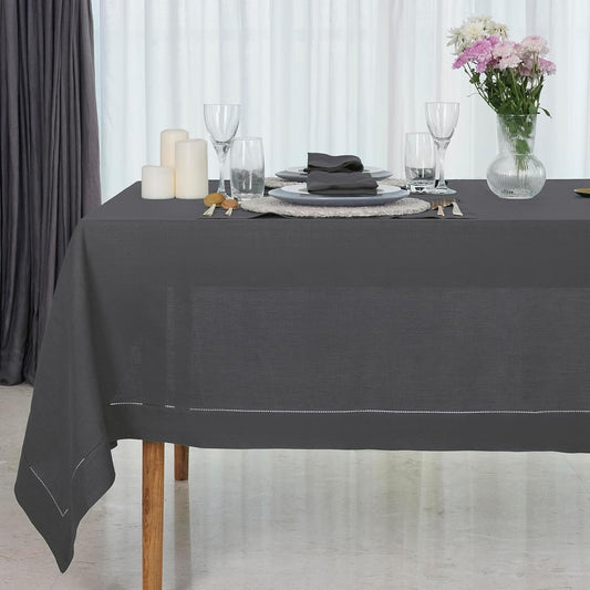 D'Moksha Homes Charcoal Grey Linen Tablecloth 60 x 108 Inch - 100% Pure Linen Grey Table Cloth for Rectangle Tables - Classic Hemstitch, Machine Washable Tablecloth for Thanksgiving