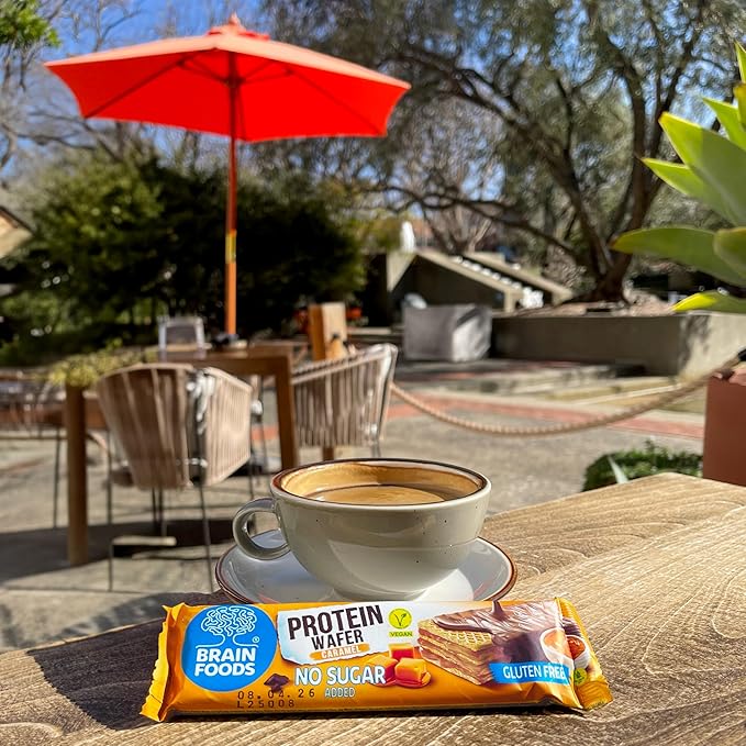 BRAIN FOODS Gluten Free Vegan Caramel Protein Wafers - 12 Bars, No Sugar Added, 8 grams Protein, No Palm Oil, 1.4 oz, 210 Calories, Guilt Free Snack, Natural Caramel Flavoring