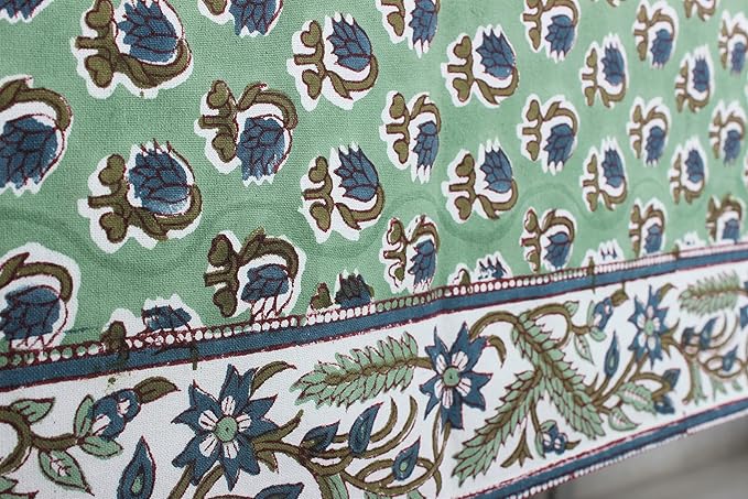 Ridhi Hand Block Print Basil Green Rectangle Cotton Tablecloth 108" x 70" Reusable Table Cover Decorative Everyday Use for Dining, Farmhouse, Home Gift for Spring, Easter, Valentine