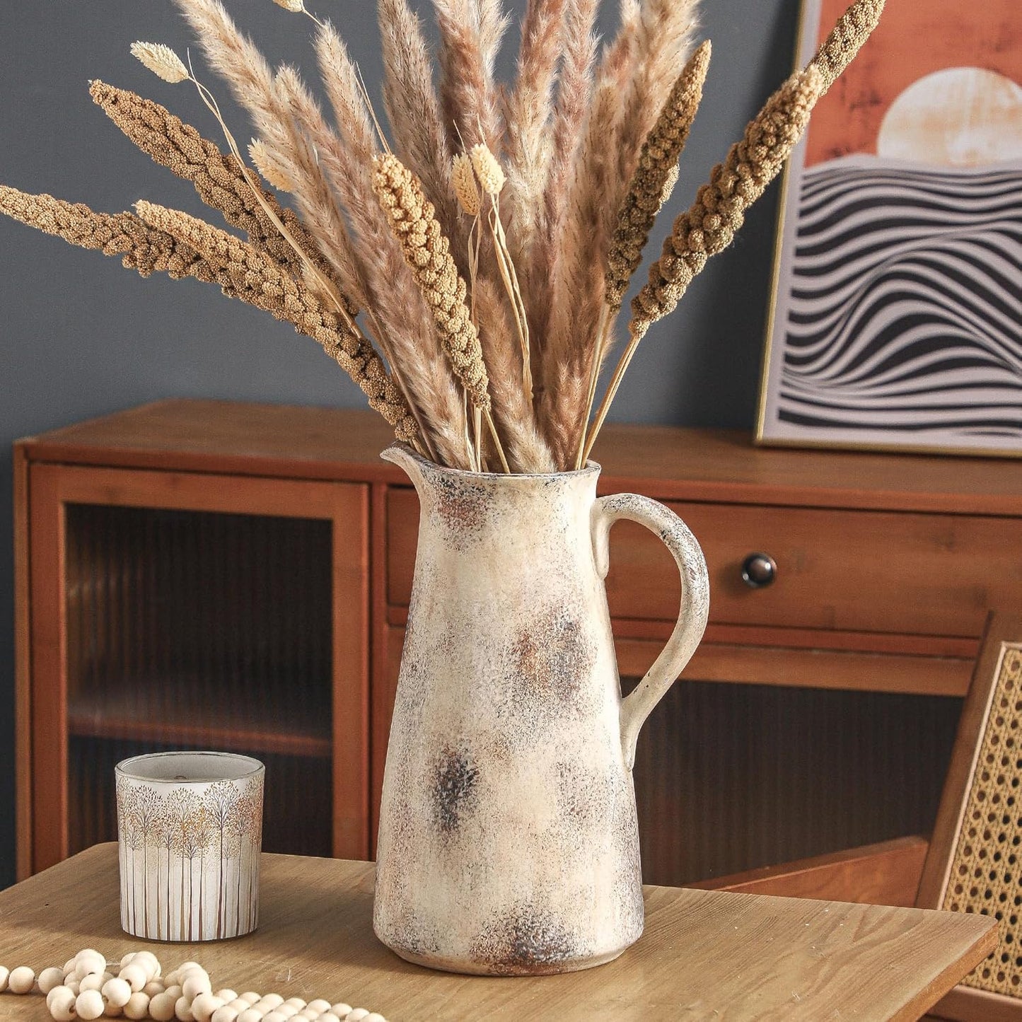 Ceramic Vintage Vase with Handle,12.2 inch Large Tall Handcrafted Pitcher Vase for Modern Farmhouse Decor, Ideal for Home Decor, Living Room, Table, Shelf