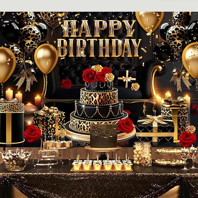 Homewelle Happy Birthday Backdrop for Women 7Wx5H Feet Black Gold Leopard Print Cheetah Balloon Banner Decoration Red Rose Party Celebration Photography Background Photo Shoot Props Polyester Fabric