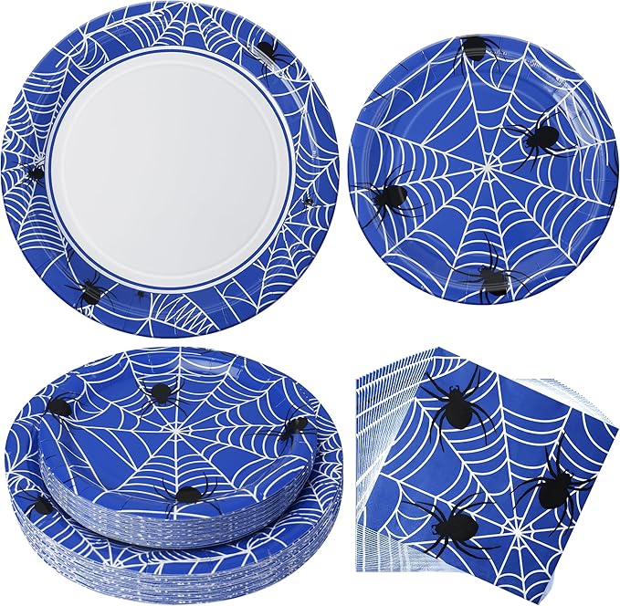 75pcs Spider Party Supplies, 25 Guest Disposable Blue Paper Plates & Napkins, Tableware Decorations Favors, Including 9" & 7" Plates & Napkins for Halloween, Birthday, Parties, and Everyday Use
