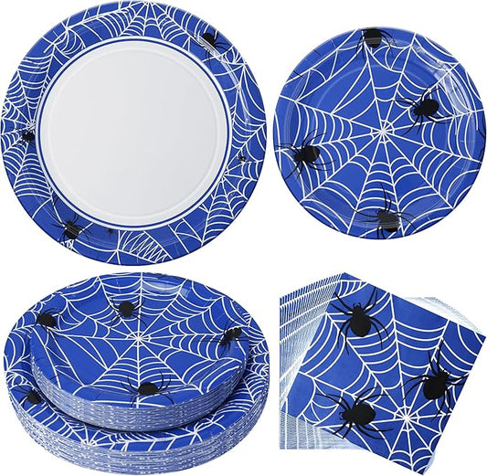75pcs Spider Party Supplies, 25 Guest Disposable Blue Paper Plates & Napkins, Tableware Decorations Favors, Including 9" & 7" Plates & Napkins for Halloween, Birthday, Parties, and Everyday Use