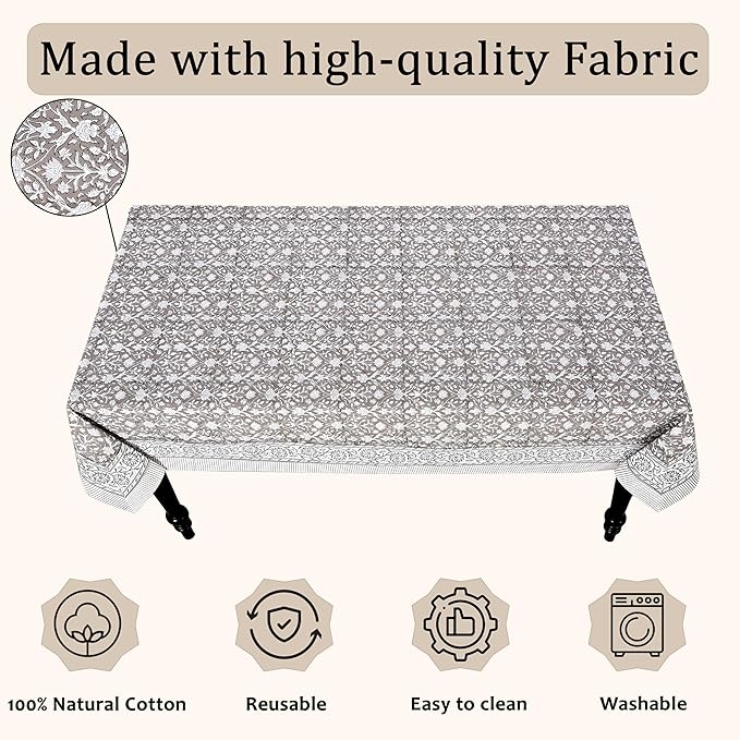 Ridhi Hand Block Print Taupe Rectangle Cotton Tablecloth 140" x 72" Reusable Table Cover Decorative Everyday Use for Dining, Farmhouse, Home Gift for Spring, Easter, Valentine