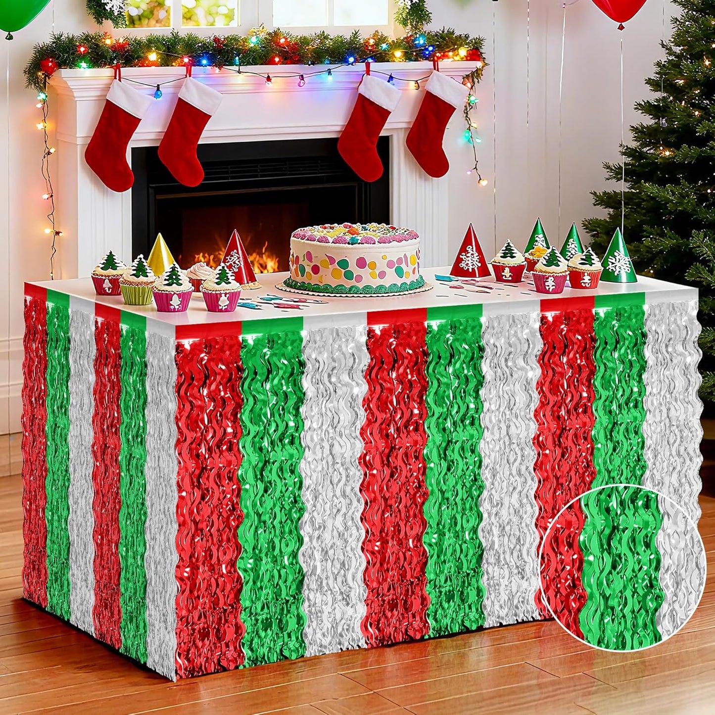 Christmas Table Skirt, 2 Pack Red Silver Green Desk Skirts Party Decorations, Metallic Xmas Wavy Tinsel Foil Fringe Table Skirts, Foil Table Skirt for Indoor Christmas Party Backdrop