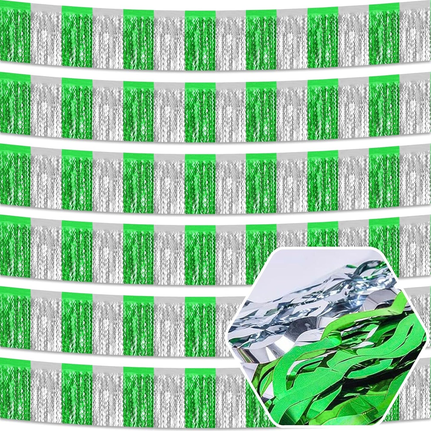 6 Pack 10 Feet Silver Green Wave Foil Fringe Garland Metallic Tinsel Streamers Banner Wall Hanging Curtain Backdrop for Parade Floats, Mother's Day, Easter, Wedding, Birthday Party Decoration