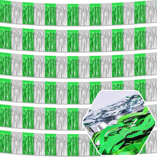 6 Pack 10 Feet Silver Green Wave Foil Fringe Garland Metallic Tinsel Streamers Banner Wall Hanging Curtain Backdrop for Parade Floats, Mother's Day, Easter, Wedding, Birthday Party Decoration