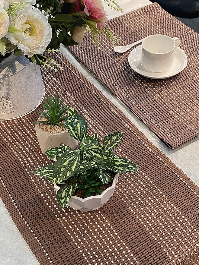 ANDSTAR 12x72 Inch Weave Bamboo Table Runner Stain Resistant Heat Resistant Oil-Proof Non-Slip Waterproof Easy to Clean Table Runner for Kitchen Dinning Room Table Decoration(Coffee,1 Piece)