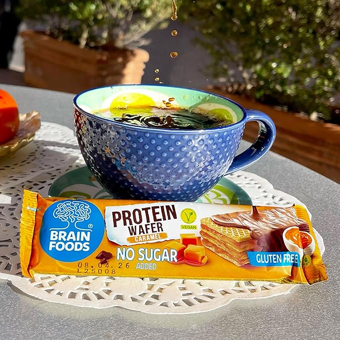 BRAIN FOODS Gluten Free Vegan Caramel Protein Wafers - 12 Bars, No Sugar Added, 8 grams Protein, No Palm Oil, 1.4 oz, 210 Calories, Guilt Free Snack, Natural Caramel Flavoring