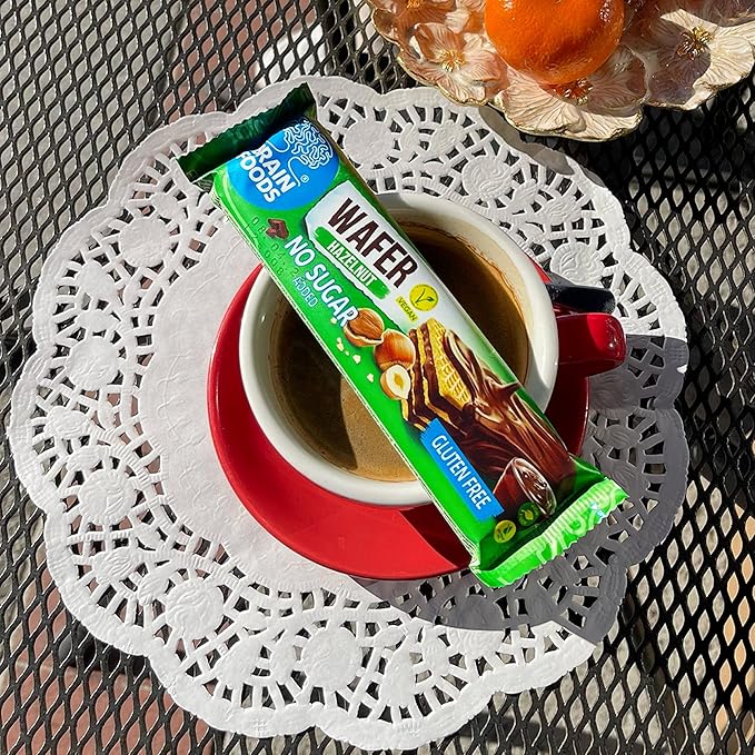 BRAIN FOODS Gluten Free Vegan Chocolate Coated Hazelnut Wafers - 12 Bars, No Sugar Added, High Fiber, No Palm Oil, 1.4 oz, 170 Calories, Guilt Free Snack, Natural Hazelnut Flavor