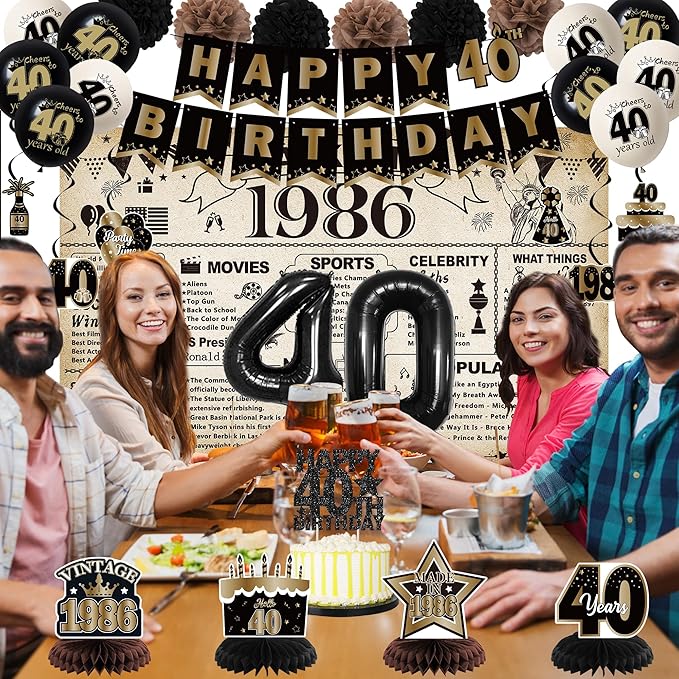 DARUNAXY 40th Birthday Party Decorations for Men Women, Vintage Back in 1986 Banner, Black 40 Number Balloons & Cake Topper, Vintage 1986 40 Birthday Honeycomb Hanging Swirl Confetti Balloons(30PC)