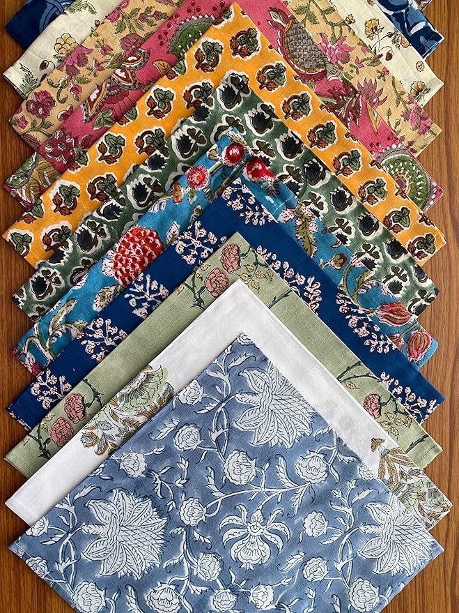 Ridhi Assorted Hand Block Print 100% Cotton Napkins 18" x 18" (Set of 100) Reuseable Kitchen Napkins Cloth Decor Dinner Party Wedding Cocktail Gift for Spring, Easter, Valentine