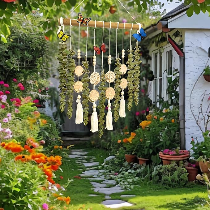 Artificial Eucalyptus Plant Green Leaves with Wooden Beads Garland Hanging Decoration for Wall Decoration,16.5" Fake Plants Bathroom Wall Decor,Kitchen Wall Decor