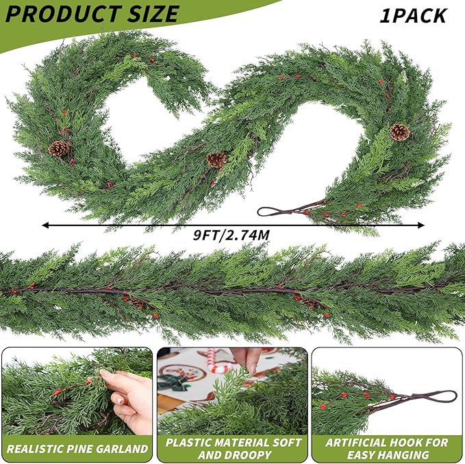 1 Pack 9FT Real Touch Christmas Garland with Pine Cone Artificial Realistic Faux Green Cedar Pine Garland,Thick and Lush, Lifelike Cedar Garland for Fireplace Indoor Outdoor Holiday Party Decoration