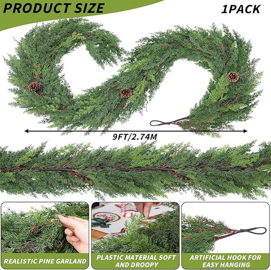 1 Pack 9FT Real Touch Christmas Garland with Pine Cone Artificial Realistic Faux Green Cedar Pine Garland,Thick and Lush, Lifelike Cedar Garland for Fireplace Indoor Outdoor Holiday Party Decoration