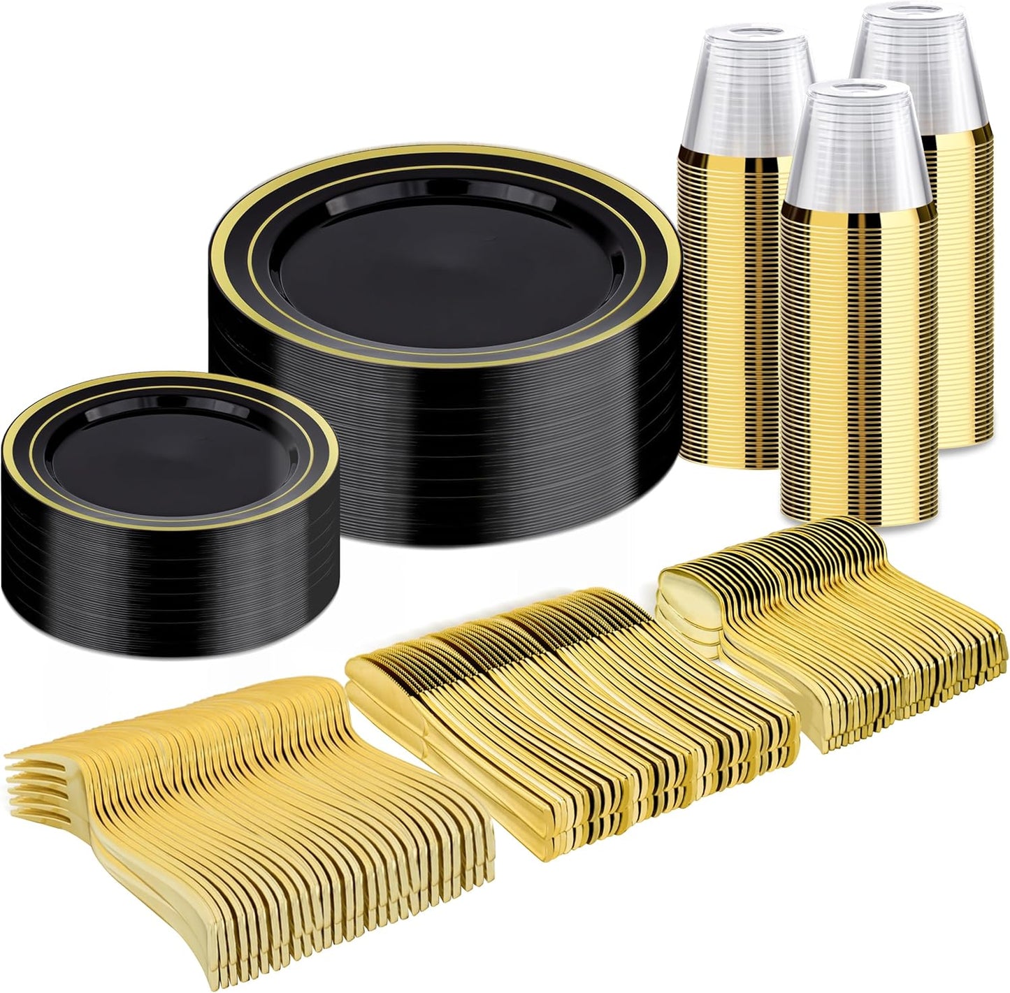 BESTVIP 300PCS Black Gold Dinnerware Set for 50 Guests, Plastic Plates for Halloween Party and Christmas, 50 Disposable Plates, 50 Dessert Plates, 50 Cups, 50 Spoons, 50 Forks and 50 Knives