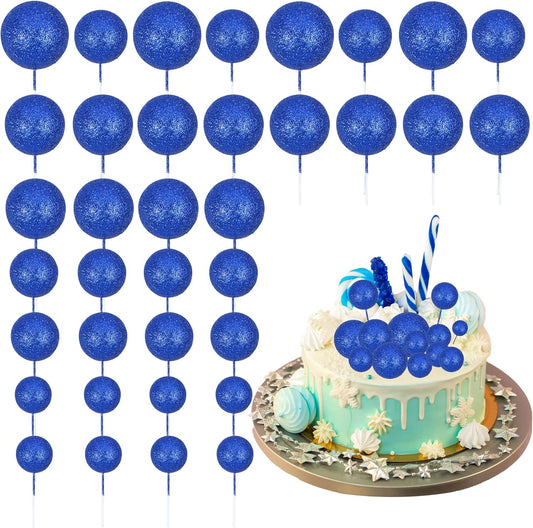 30Pcs Glitter Balls Cake Topper Foam Ball Cake Picks Mini Balloon DIY Cake Insert Topper Decoration for Baby Shower Wedding Anniversary Kids Birthday Graduation Party Cake Decorations Deep Blue