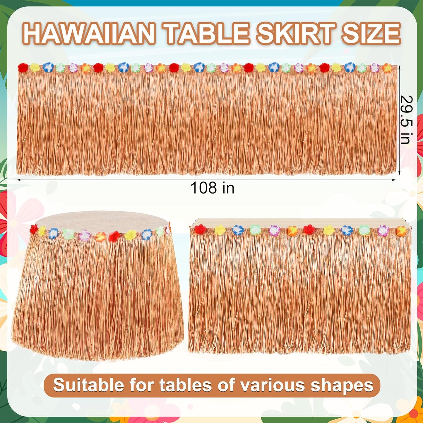 4PCS Hawaiian Table Skirt Decor, Yellow Luau Themed Grass Table Skirt Party Decorations, 108 X 29.5" Flower Tropical Hula Dance Parties Supplies, Table Skirt Bulk for Summer Beach Themed Activities
