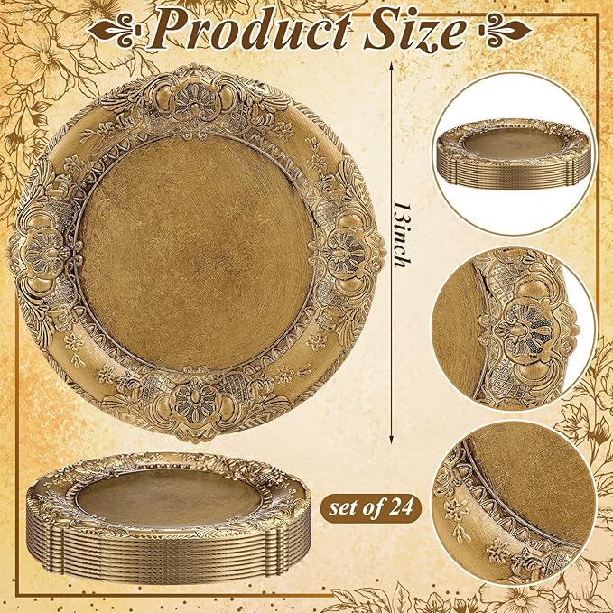Mifoci Antique Gold Charger Plates Set of 24 Plastic Gold Chargers for Dinner Plates Decorative 13" Round Plate Bulk with Embossed Rim for Dinner, Party, Wedding