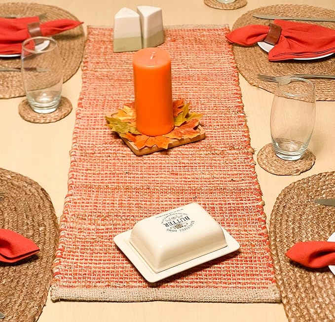 Chardin home Natural Jute Table Runner 13x36 Inch – Vintage Boho Rustic Table Decor – Handwoven Table Runner in Natural Jute and Rust Orange – Farmhouse Thanksgiving tablerunner