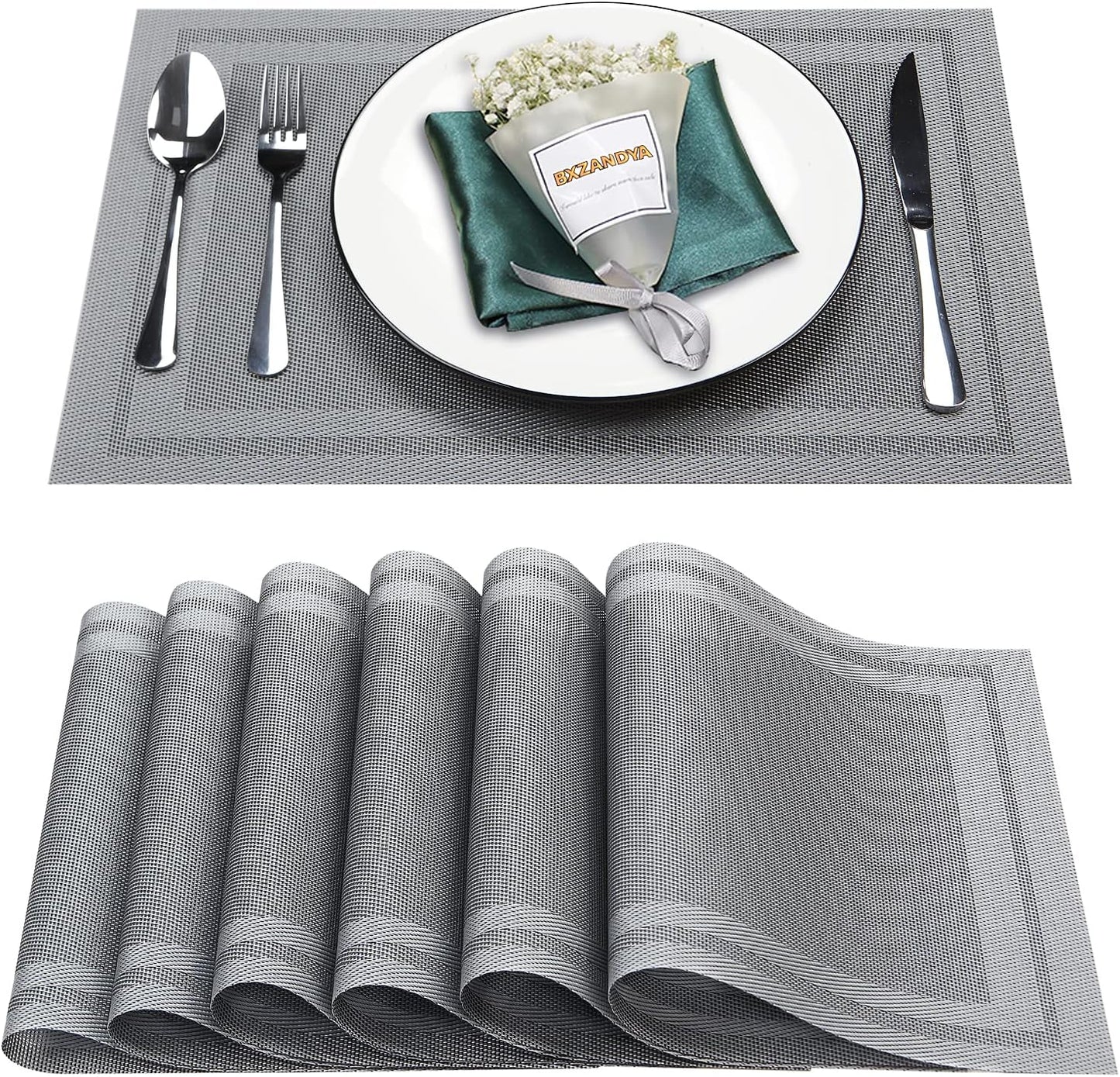 Placemats Set of 6,Washable,Heat and Stain Resistant Indoor/Outdoor Place mats,Vinyl Woven Non Slip Table Mats for Restaurant Table Protection,PVC Placemats(Gray,6PCS)