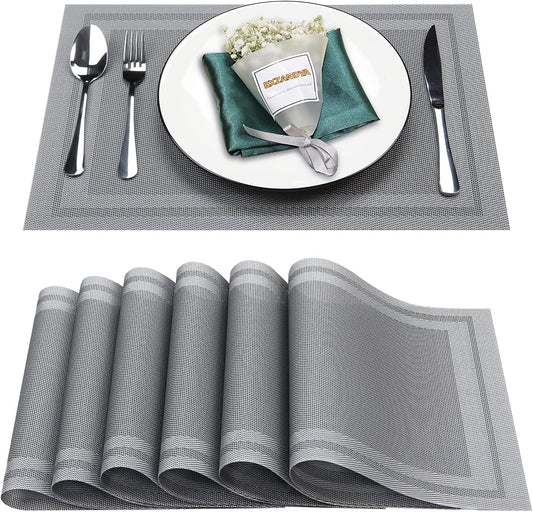 Placemats Set of 6,Washable,Heat and Stain Resistant Indoor/Outdoor Place mats,Vinyl Woven Non Slip Table Mats for Restaurant Table Protection,PVC Placemats(Gray,6PCS)