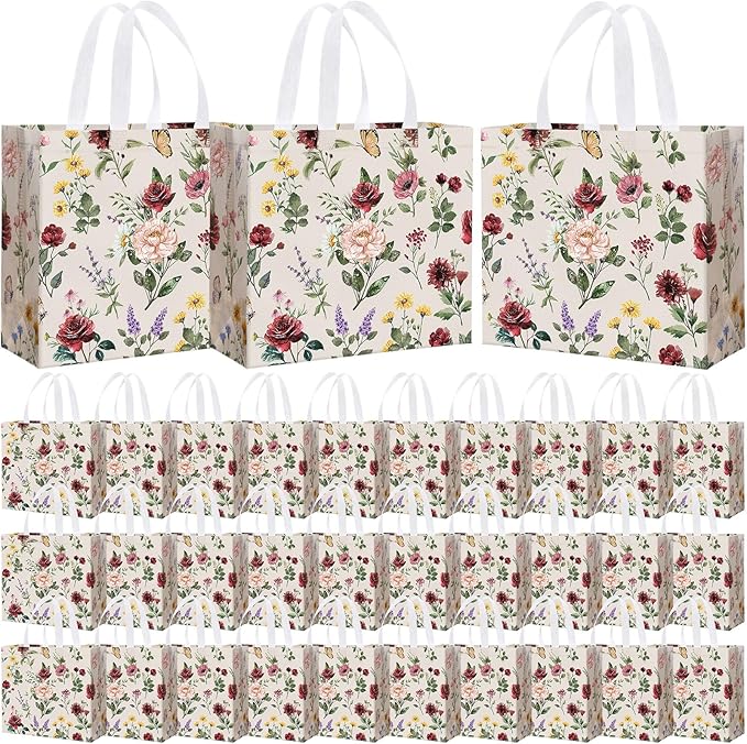 Abbylike 30 Pack Pink Wildflower Theme Reusable Gift Bag Bulk Large Floral Print Shopping Bag Vintage Tote Non Woven Tote for Wedding Birthday Baby Shower Holiday Travel, 12.2 x 11.02 x 4.72 Inches