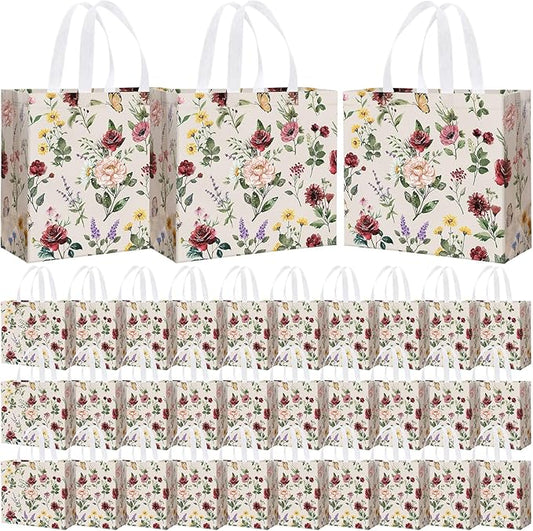 Abbylike 30 Pack Pink Wildflower Theme Reusable Gift Bag Bulk Large Floral Print Shopping Bag Vintage Tote Non Woven Tote for Wedding Birthday Baby Shower Holiday Travel, 12.2 x 11.02 x 4.72 Inches