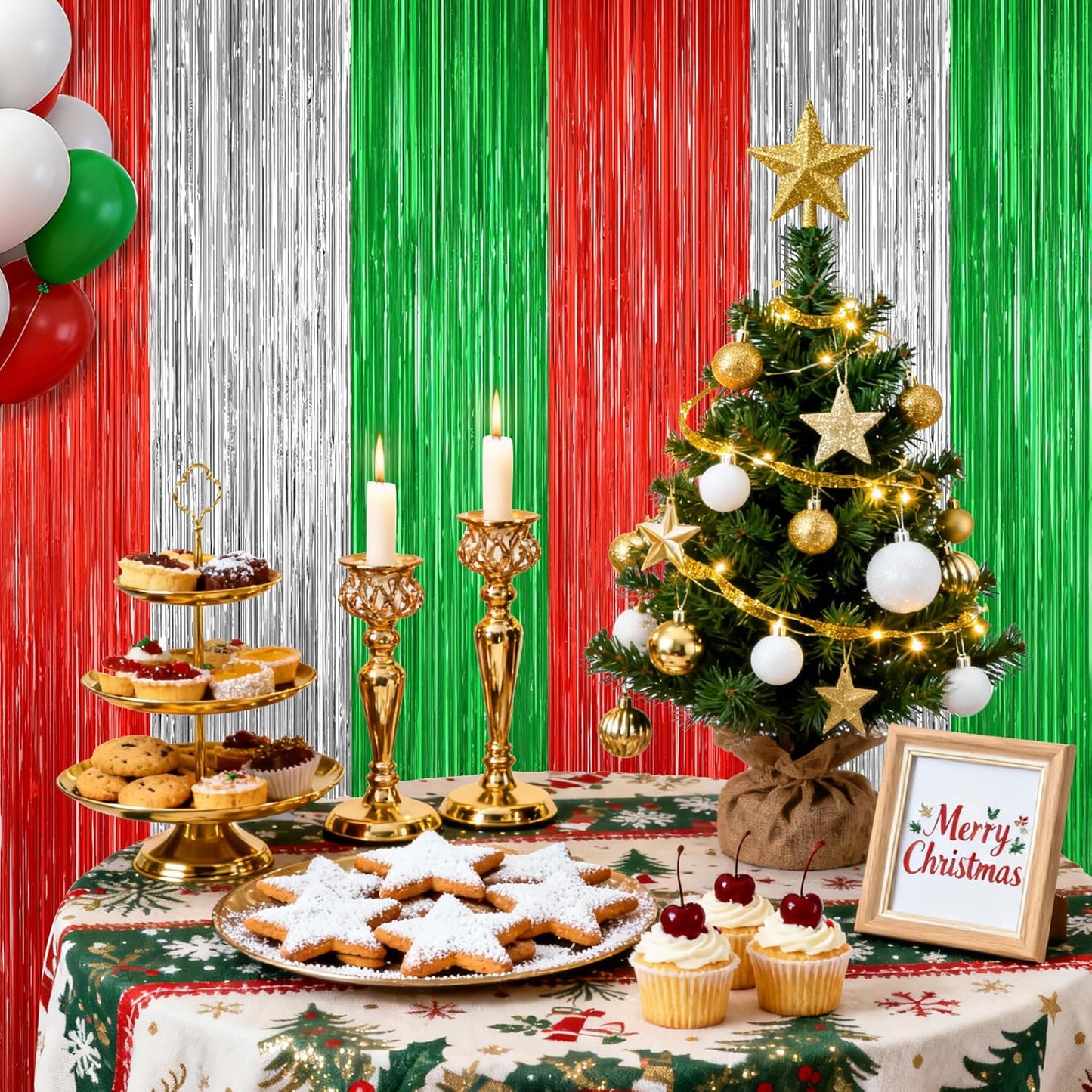 2 Pack Red Silver and Green Metallic Tinsel Foil Fringe Curtains, Door Streamers Photo Booth Backdrop for Birthday Party, Tinsel Curtain Backdrop for Christmas Theme Party Decorations