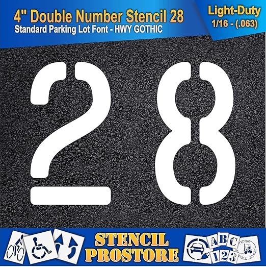 Pavement, Curb, and WheelStop Stencils - 4 inch Double Number Stencil - (28) - 4" x 5.5" x 1/16" (63 mil) - Light-Duty