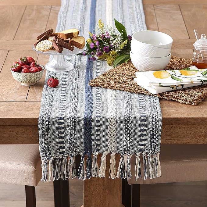 DII Farmhouse Braided Stripe Table Runner Collection, 15x72 (15x77, Fringe Included), French Blue