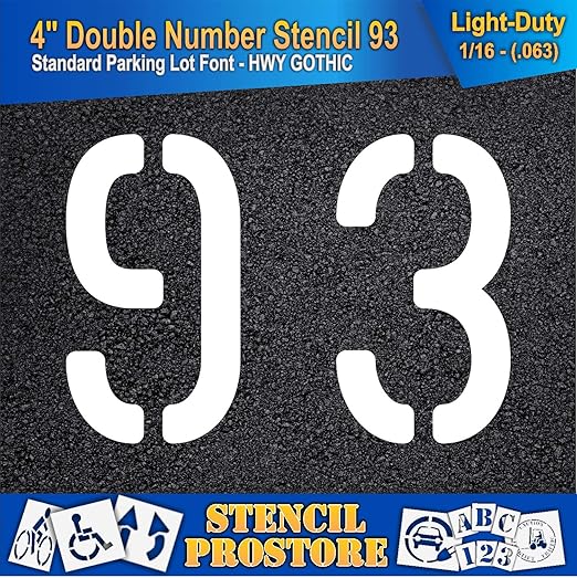 Pavement, Curb, and WheelStop Stencils - 4 inch Double Number Stencil - (93) - 4" x 5.5" x 1/16" (63 mil) - Light-Duty
