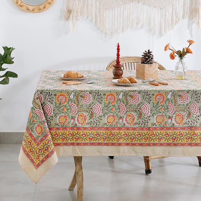Labhanshi Indian Hand Block Print Rectangle Table Cloth for Kitchen Dining Table|Cotton Floral 8 Seater Picnic Camping Outdoor Table Cover|Spring Easter Decor 72X108 Inch|Burnt Orange