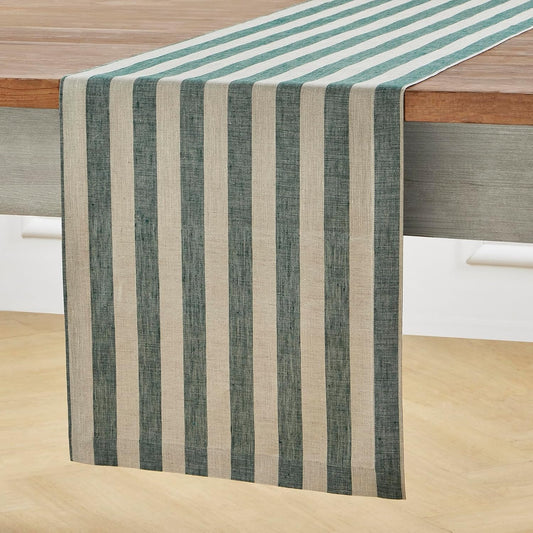 Solino Home Linen Table Runner 60 Inches - Sorrento Stripe 100% Pure Linen Hunter Green and Natural Farmhouse Table Runner 14 x 60 Inch Ideal for Dresser and Coffee Tables - Thanksgiving, Christmas