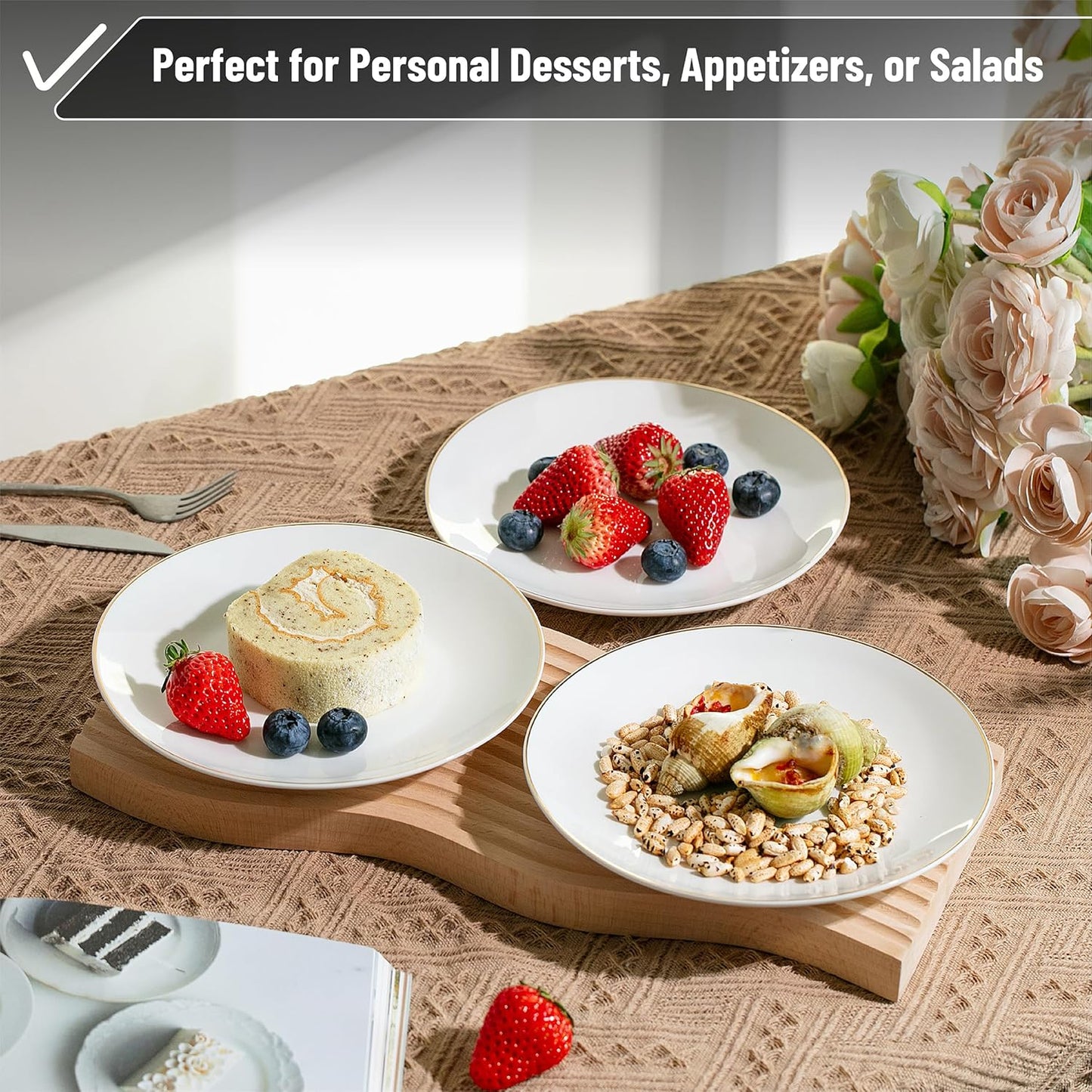 BTaT- White Dessert Plates with Gold Rim, Set of 6, 8" Round, Porcelain, Elegant Style, Dinner Plates, Christmas Gifts