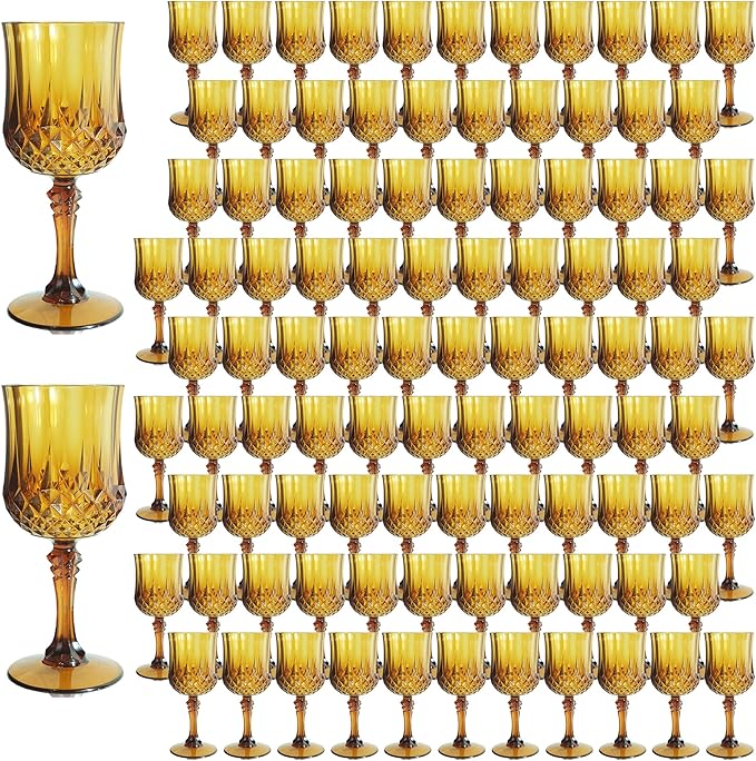 Plastic Wine Glasses, Plastic Goblets Vintage Style Cordial Unbreakable Drinking Glasses, Reusable Drinkware for Wedding Reception, Grand Event Party Supplies, Easter (100, Amber)