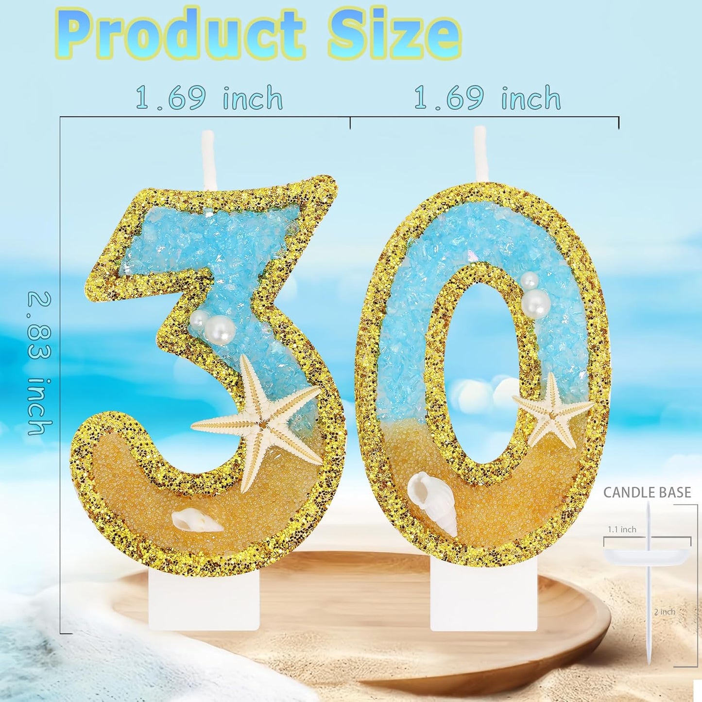 Ocean Number 30 Candle, Glitter Gold Beach Starfish Cake Topper, Tropical Ocean Princess Birthday Decorations for Party Supplies Wedding Anniversaries