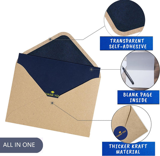 100 Bulk Navy Graduation Thank You Cards with Kraft Envelopes and stickers - 4 Minimalistic Designs Blank Thank You Notes with Envelopes navy blue Graduation cards