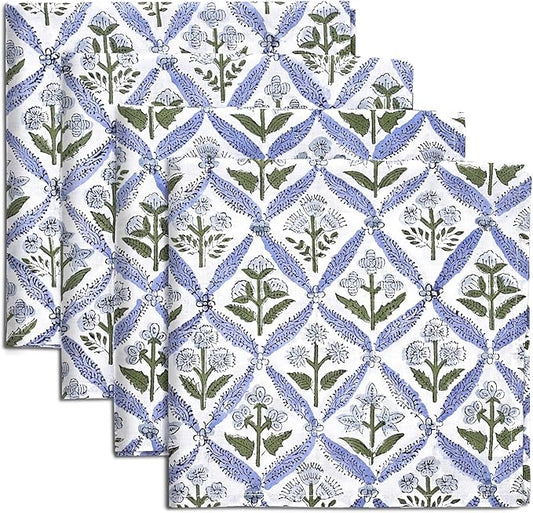 Ridhi Light Steel Blue Hand Block Print 100% Cotton Napkins 18" x 18" (Set of 4) Reuseable Kitchen Napkins Cloth Decor Dinner Party Wedding Cocktail Gift for Spring, Easter, Valentine