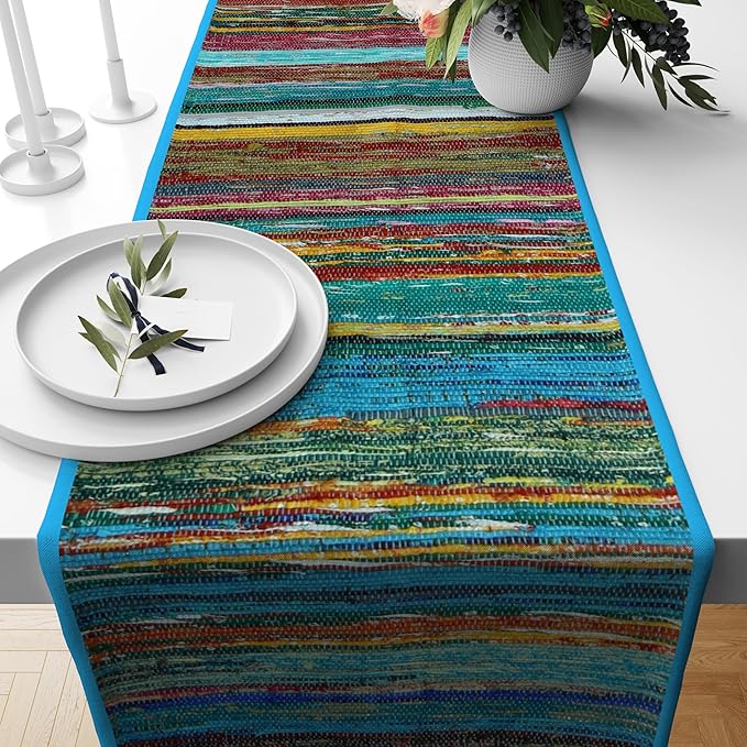 Trade Star Reversible Bedside Runner Designed Table Mat Handloomed Rug Runner Perfectly Highly Durable Decorative Upcycled Fabric Table Placemat (Turquoise)