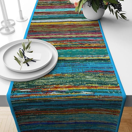 Trade Star Reversible Bedside Runner Designed Table Mat Handloomed Rug Runner Perfectly Highly Durable Decorative Upcycled Fabric Table Placemat (Turquoise)