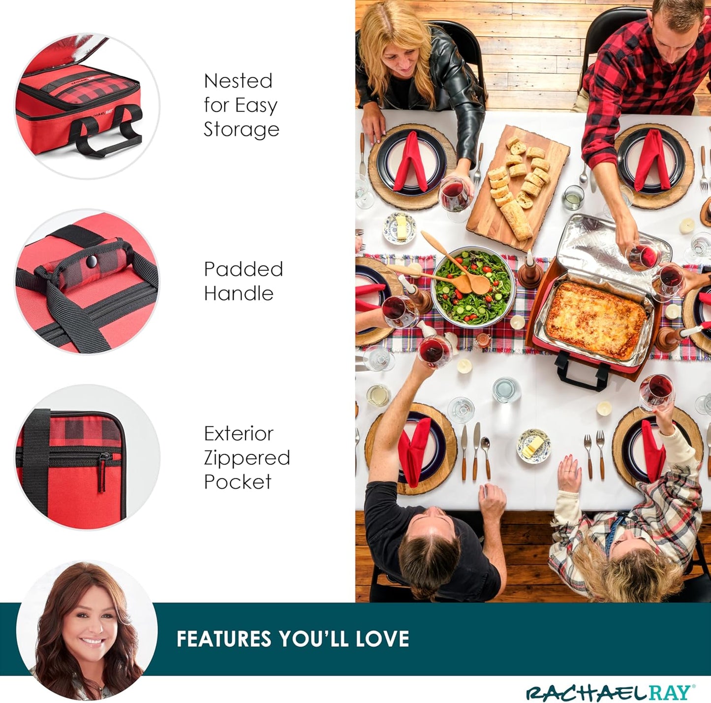 Rachael Ray Lugger Duo, Insulated Casserole Carrier for Hot or Cold Food, Thermal Lasanga Lugger Tote for Potluck, Parties, Picnic, and Cookouts, Fits 9" x 13" Baking Dish, Red Buffalo
