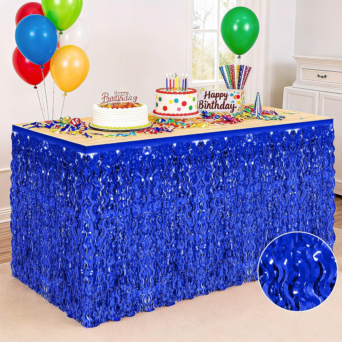 Navy Blue Table Skirt, 2 Pack Blue Foil Grass Table Skirt, Patriotic Metallic Wavy Tinsel Foil Fringe Table Skirts, Table Skirts for Birthday Graduations 4th of July Christmas Parade Party