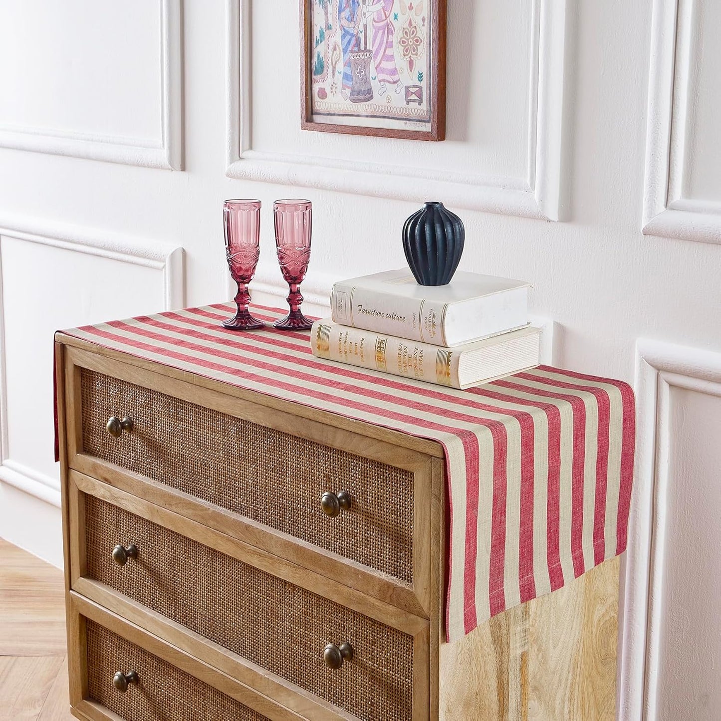 Solino Home Linen Striped Table Runner 36 Inches - Sorrento Stripe, 100% Pure Linen Red and Natural Small Table Runner 14 x 36 Inch Ideal for Dresser and Coffee Tables - Thanksgiving, Christmas